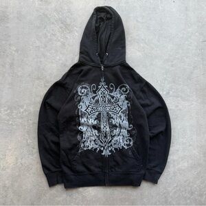 Men's Black Zip-Up Sweater with Graphic Design
